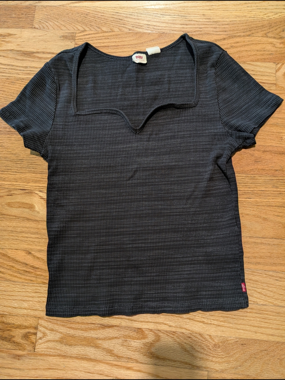 Women’s Black Short Sleeve Ribbed Tee with Notch Neck